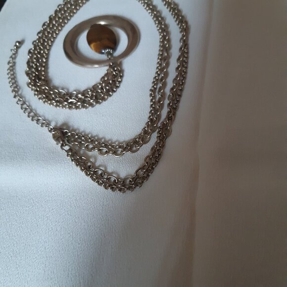 Tiger's Eye Pendant 32" Double Chain Vintage Necklace, Light Gold Tone - Picture 4 of 8